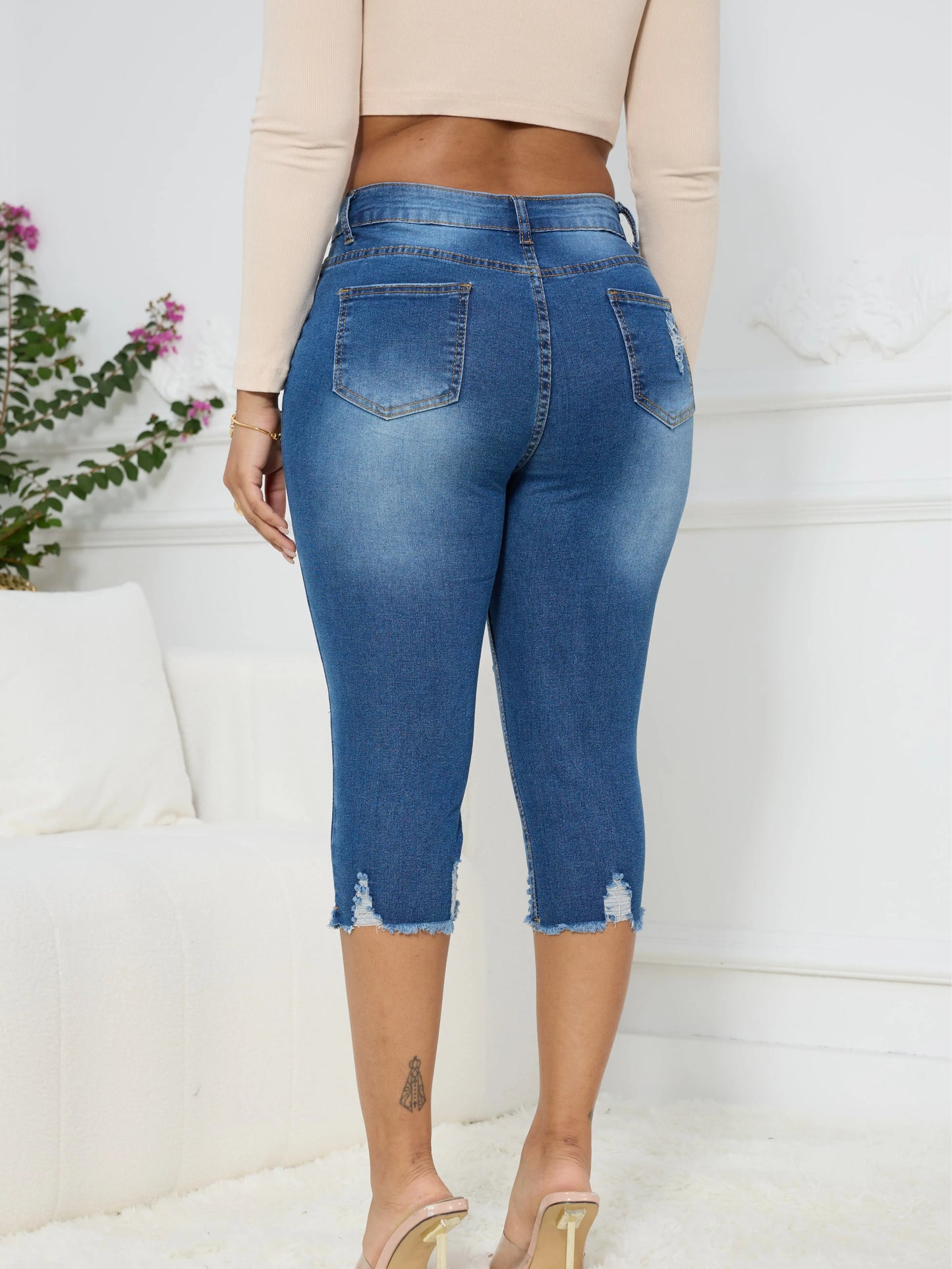 Women's Ripped Capri Jeans - Summer Essential