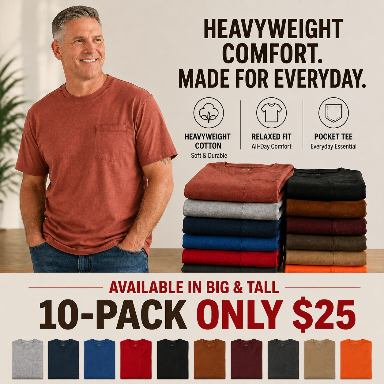 💥Men's Heavyweight Cotton Pocket T-Shirt – Relaxed Fit Everyday Casual Tee | Big & Tall Available