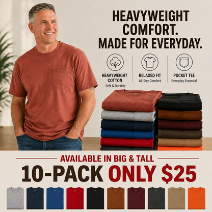 💥Men's Heavyweight Cotton Pocket T-Shirt – Relaxed Fit Everyday Casual Tee | Big & Tall Available