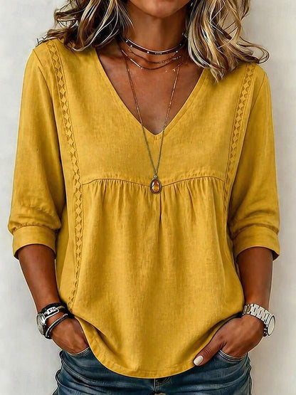 【LAST DAY SALE】Women's Loose-Fit V-Neck Lace Blouse, 3/4-Length Puff Sleeves