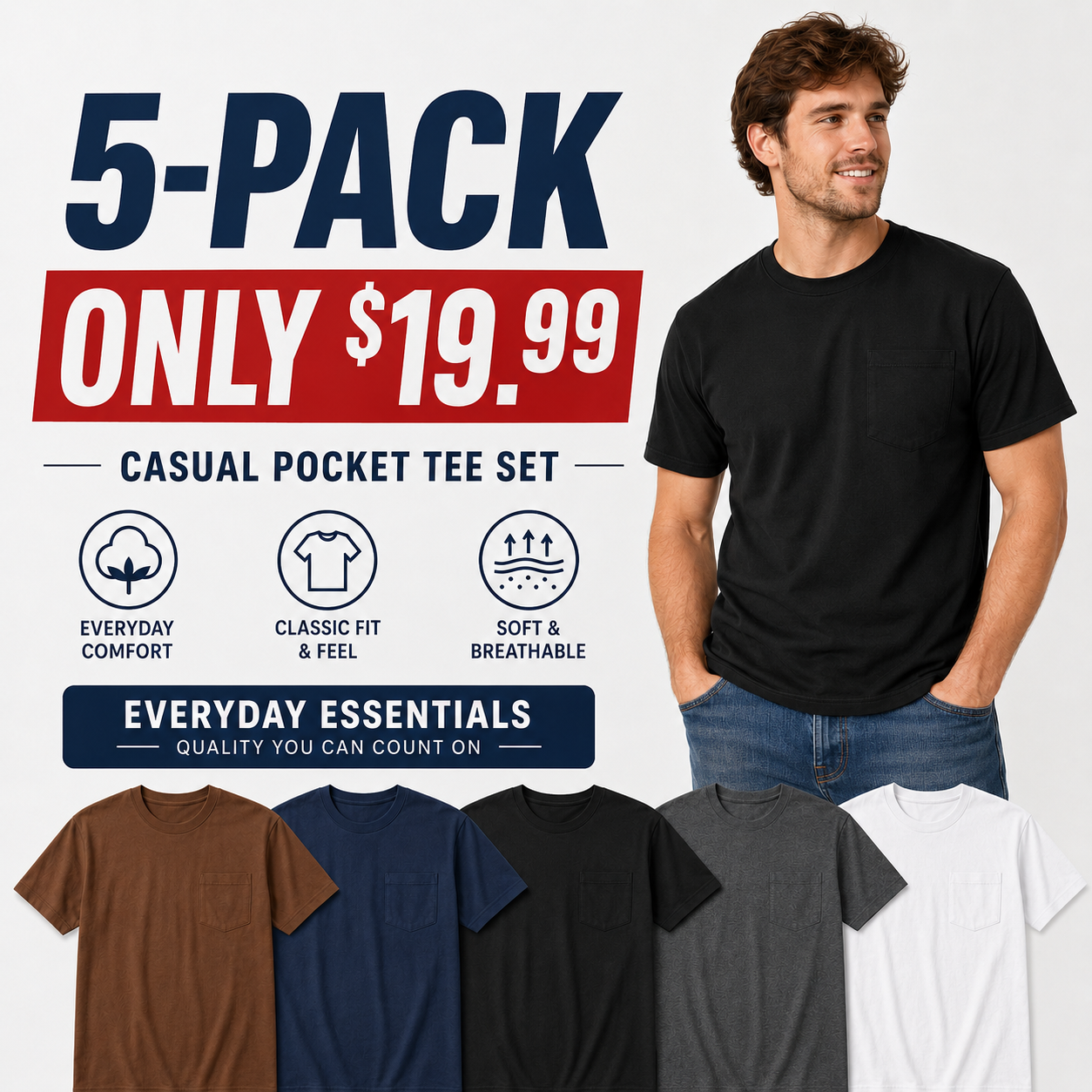 💥Men's Heavyweight Cotton Pocket T-Shirt – Relaxed Fit Everyday Casual Tee | Big & Tall Available
