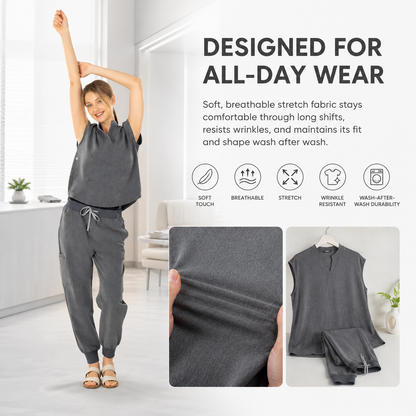Women’s Stretchy Jogger Scrub Set – Sleeveless Mandarin-Collar Top & 8-Pocket Pants, Comfortable Loose-Fit Nurse Uniform 💙