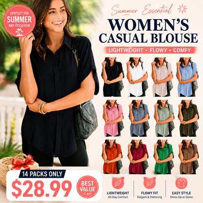 👚 Women's Casual Solid Color Shirt – V-Neck Button-Down Loose Fit Batwing Sleeve Top