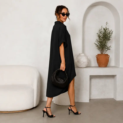 🖤 Women’s Sexy Black Button-Down Shirt Dress – Short-Sleeve Midi Dress with Curved Split Hem, Loose Flowy A-Line Summer Streetwear ✨