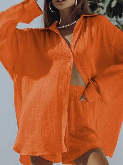 Women 2 Piece Outfits Long Sleeve Button Down Blouse and Shorts Sweatsuit Sets