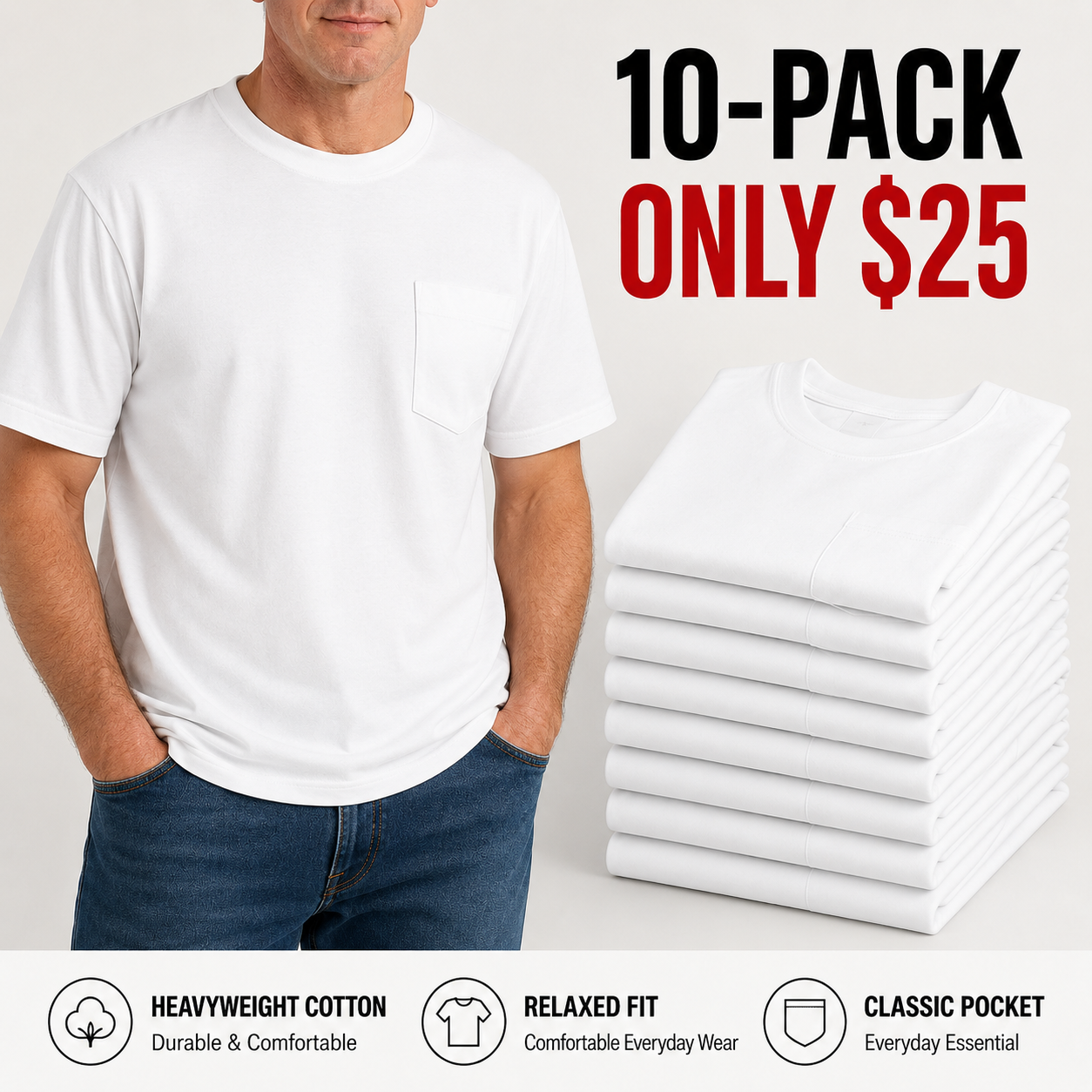 💥Men's Heavyweight Cotton Pocket T-Shirt – Relaxed Fit Everyday Casual Tee | Big & Tall Available