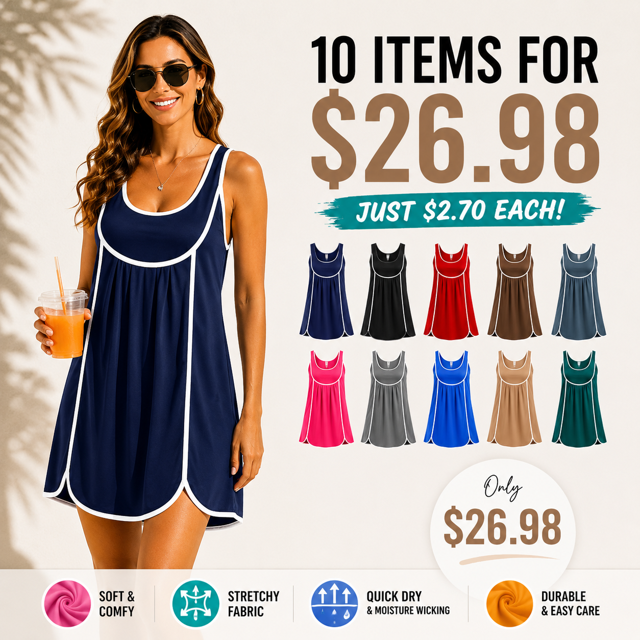 ☀️ Women's Sleeveless Mini Dress – Casual Loose Fit Sundress with Pockets 💖