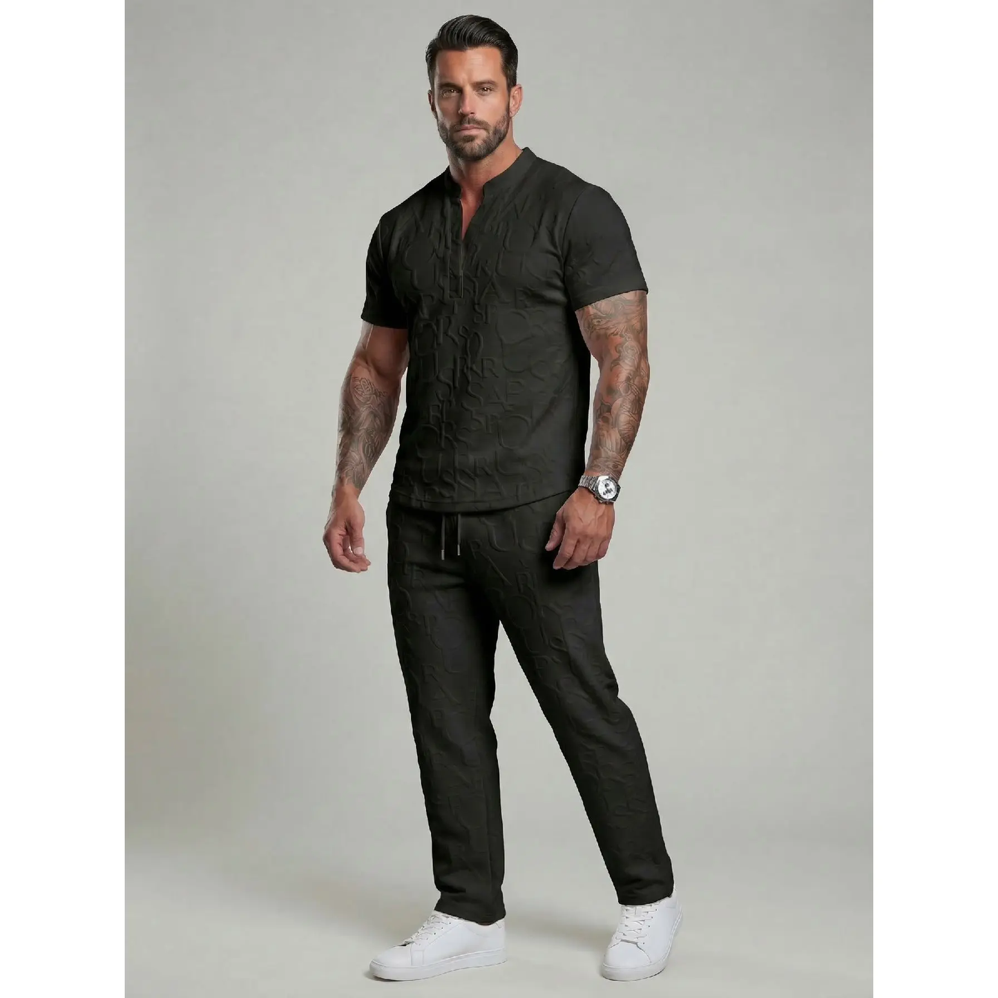 🔥 Limited-Time Sale ✨ Men’s 2-Piece Casual Set | Textured Tee + Drawstring Pants 👕👖