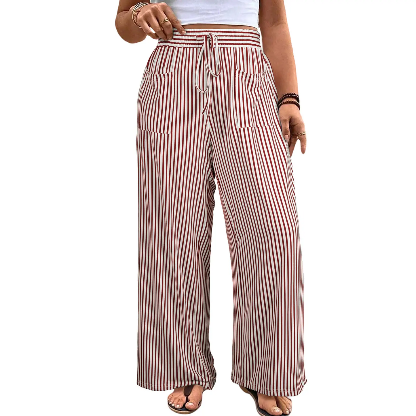 🔥 Limited-Time Sale ✨ Women’s Plus Size Wide Leg Pants | High Waist Striped Palazzo Trousers with Pockets 🌸