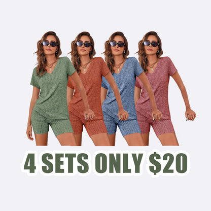 Summer Ribbed Lounge Set - Stretch T-shirt and Cycling Shorts | Breathable Loungewear