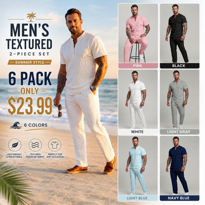 🔥 Limited-Time Sale ✨ Men’s 2-Piece Casual Set | Textured Tee + Drawstring Pants 👕👖