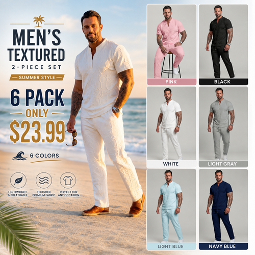🔥 Limited-Time Sale ✨ Men’s 2-Piece Casual Set | Textured Tee + Drawstring Pants 👕👖