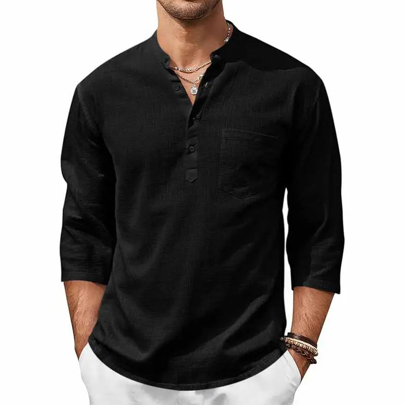 🔥 Limited-Time Sale ✨ Men’s Cotton Linen Henley Shirt | 3/4 Sleeve Lightweight Casual Beach Top 👕🌴