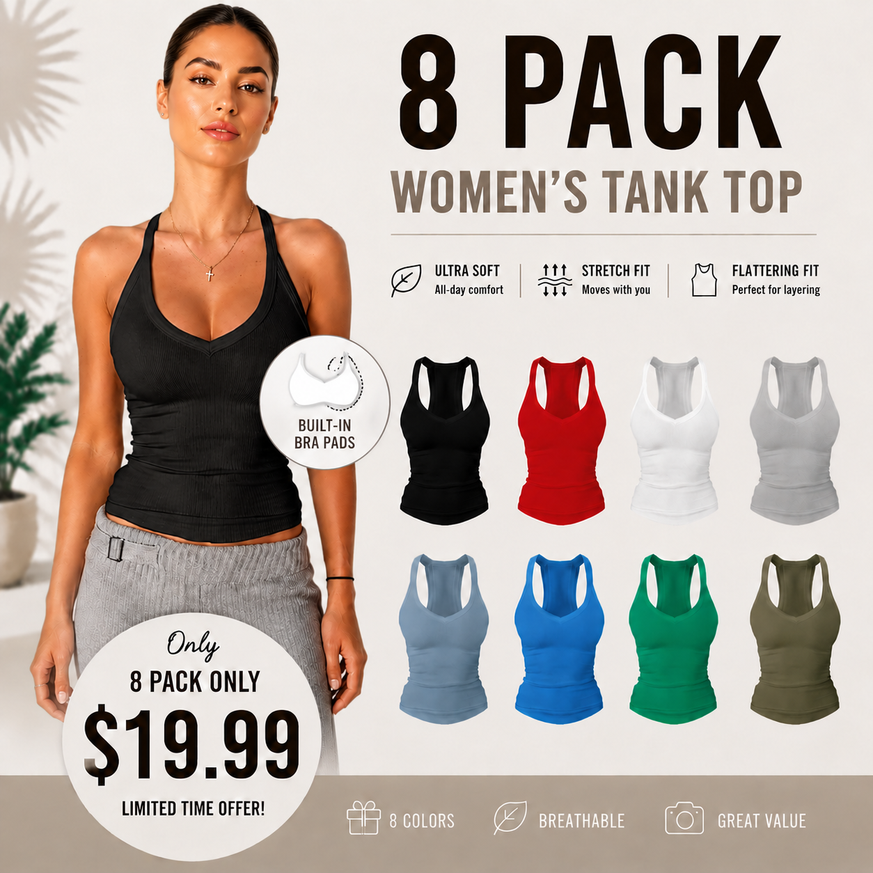 ✨ Women’s V Neck Ribbed Cotton Tank Top with Built-in Bra – Sleeveless Racerback Slim Fit Cami, Soft Stretch Summer Basic Top