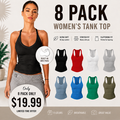 ✨ Women’s V Neck Ribbed Cotton Tank Top with Built-in Bra – Sleeveless Racerback Slim Fit Cami, Soft Stretch Summer Basic Top