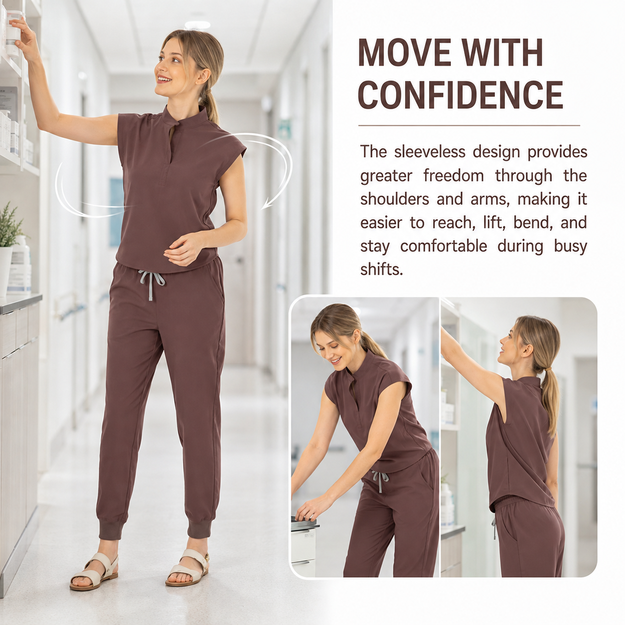 Women’s Stretchy Jogger Scrub Set – Sleeveless Mandarin-Collar Top & 8-Pocket Pants, Comfortable Loose-Fit Nurse Uniform 💙