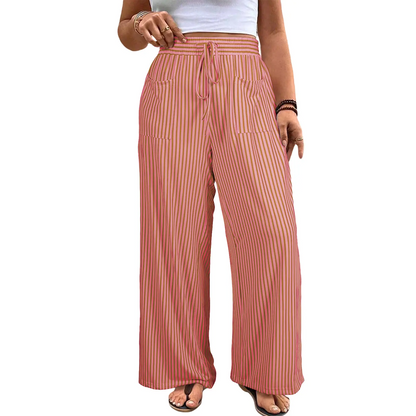 🔥 Limited-Time Sale ✨ Women’s Plus Size Wide Leg Pants | High Waist Striped Palazzo Trousers with Pockets 🌸
