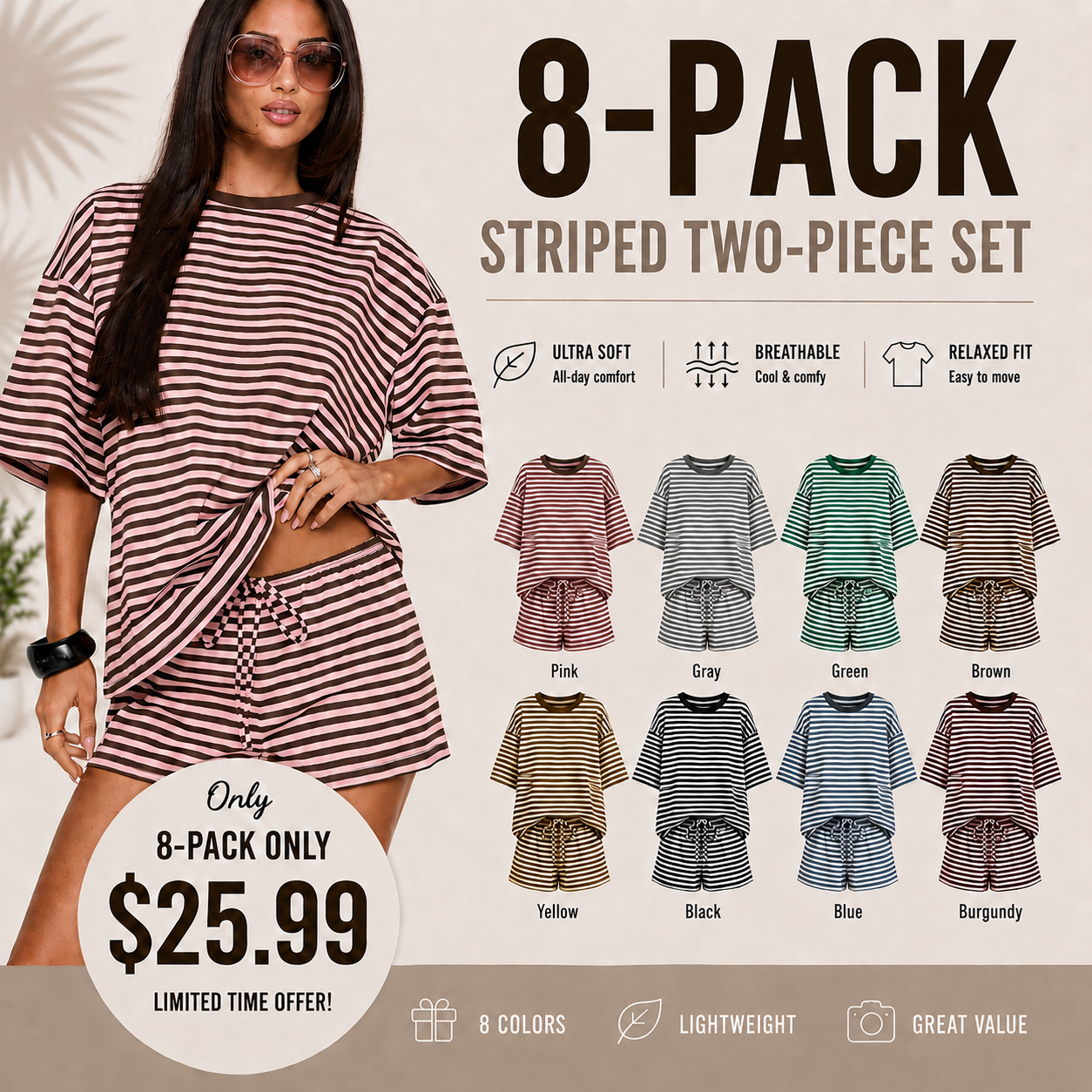 🔥 Limited-Time Promotion 🌸 Women’s Spring Summer Stripe 2-Piece Set | Oversized T-Shirt + Drawstring Shorts | Soft Casual Lounge Outfit | Y2K Clean Girl Style ✨👚🩳
