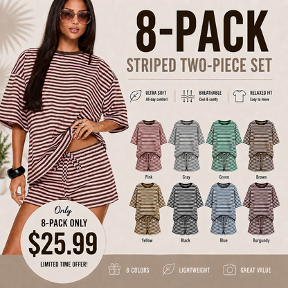 🔥 Limited-Time Promotion 🌸 Women’s Spring Summer Stripe 2-Piece Set | Oversized T-Shirt + Drawstring Shorts | Soft Casual Lounge Outfit | Y2K Clean Girl Style ✨👚🩳