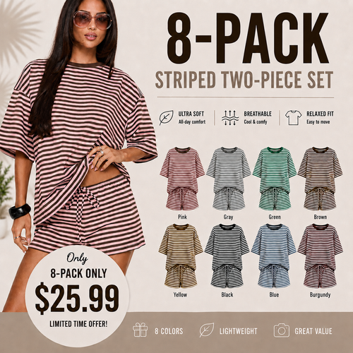 🔥 Limited-Time Promotion 🌸 Women’s Spring Summer Stripe 2-Piece Set | Oversized T-Shirt + Drawstring Shorts | Soft Casual Lounge Outfit | Y2K Clean Girl Style ✨👚🩳