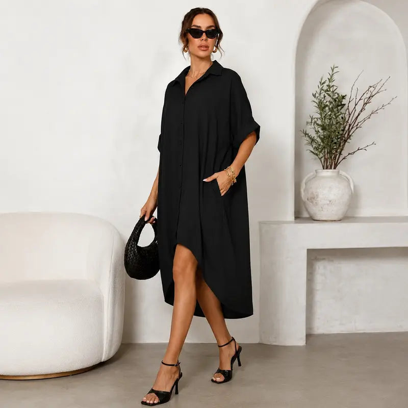🖤 Women’s Sexy Black Button-Down Shirt Dress – Short-Sleeve Midi Dress with Curved Split Hem, Loose Flowy A-Line Summer Streetwear ✨