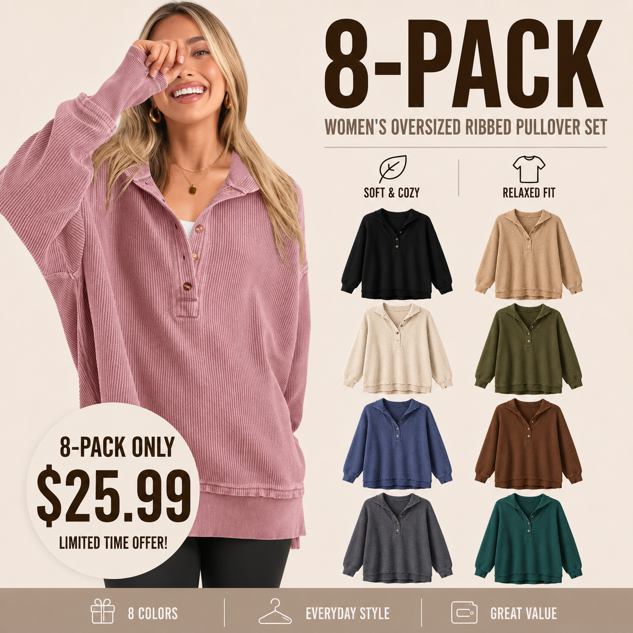 🔥 Limited-Time Sale ✨ Women’s Oversized Hoodie Sweatshirt | Button Up V Neck Long Sleeve Casual Pullover Top 🍂