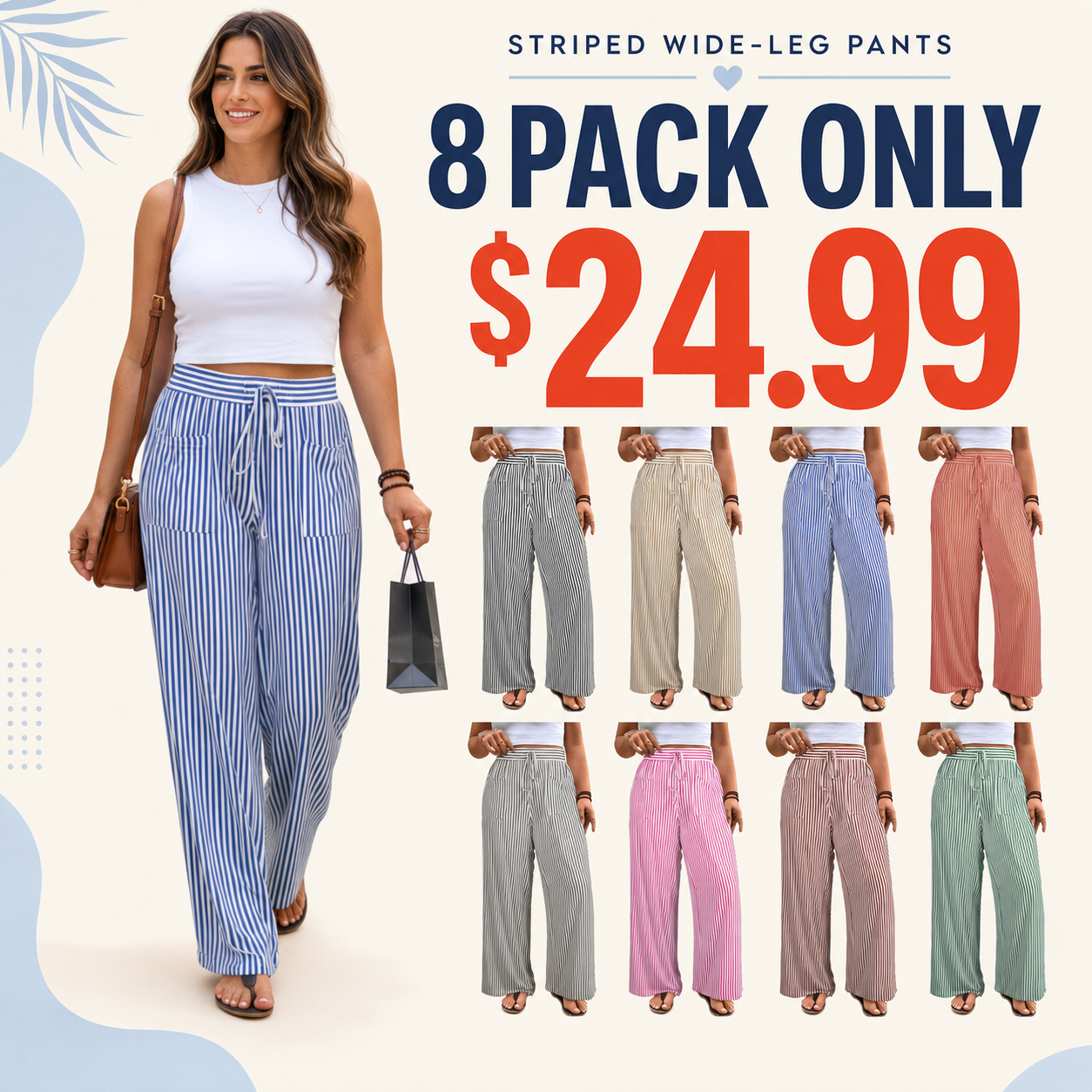 🔥 Limited-Time Sale ✨ Women’s Plus Size Wide Leg Pants | High Waist Striped Palazzo Trousers with Pockets 🌸