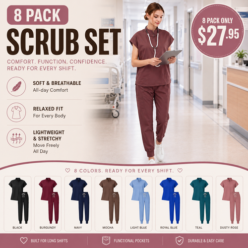 Women’s Stretchy Jogger Scrub Set – Sleeveless Mandarin-Collar Top & 8-Pocket Pants, Comfortable Loose-Fit Nurse Uniform 💙