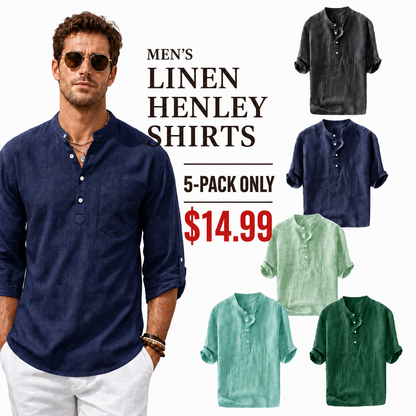 🔥 Limited-Time Sale ✨ Men’s Cotton Linen Henley Shirt | 3/4 Sleeve Lightweight Casual Beach Top 👕🌴