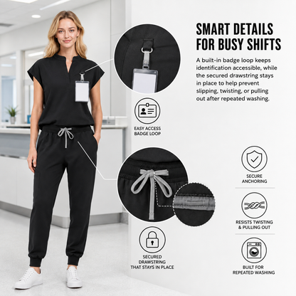 Women’s Stretchy Jogger Scrub Set – Sleeveless Mandarin-Collar Top & 8-Pocket Pants, Comfortable Loose-Fit Nurse Uniform 💙