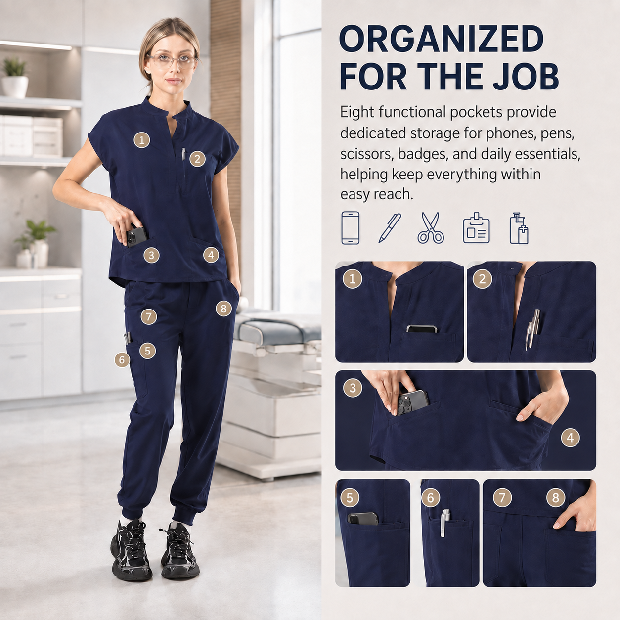 Women’s Stretchy Jogger Scrub Set – Sleeveless Mandarin-Collar Top & 8-Pocket Pants, Comfortable Loose-Fit Nurse Uniform 💙