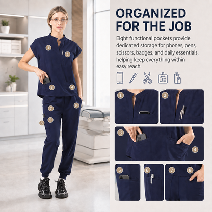 Women’s Stretchy Jogger Scrub Set – Sleeveless Mandarin-Collar Top & 8-Pocket Pants, Comfortable Loose-Fit Nurse Uniform 💙
