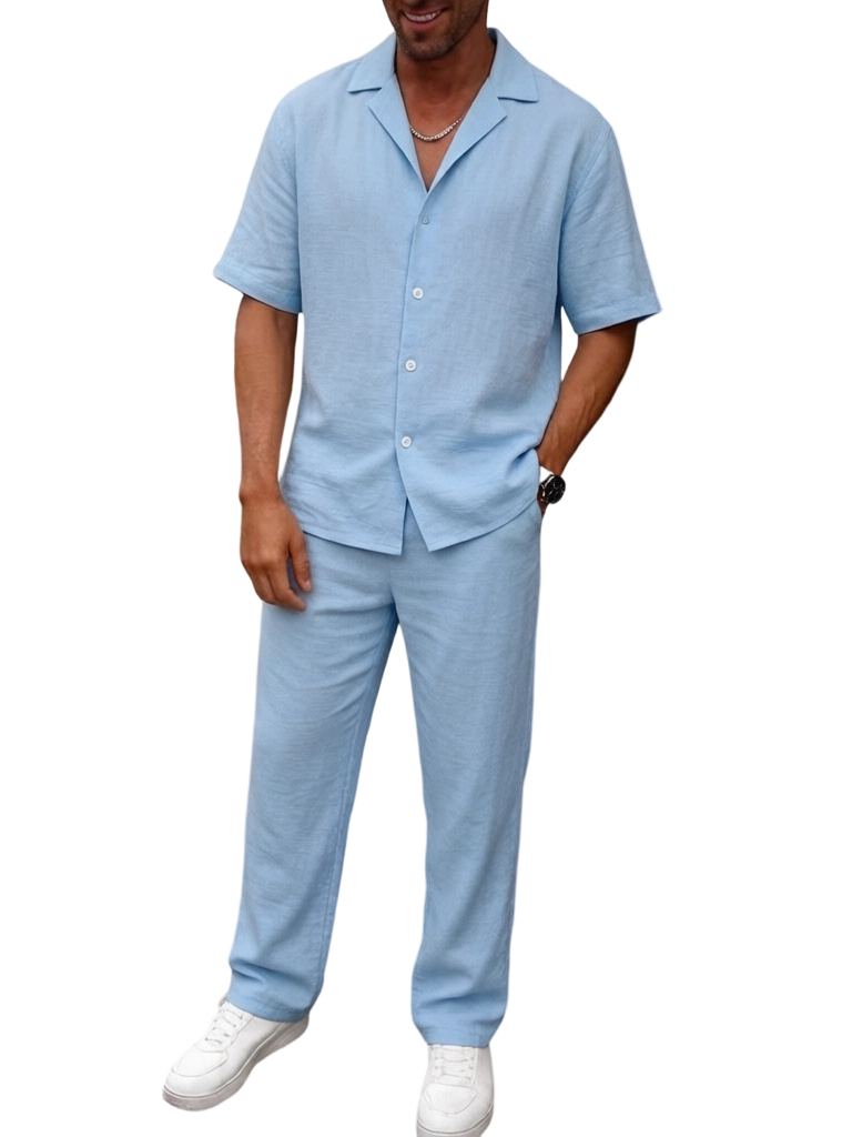 🔥 Limited-Time Sale ✨ Men’s 2-Piece Linen Set | Breathable Button Down Shirt + Elastic Waist Pants | Casual Beach Outfit for Everyday Comfort 🌴👕