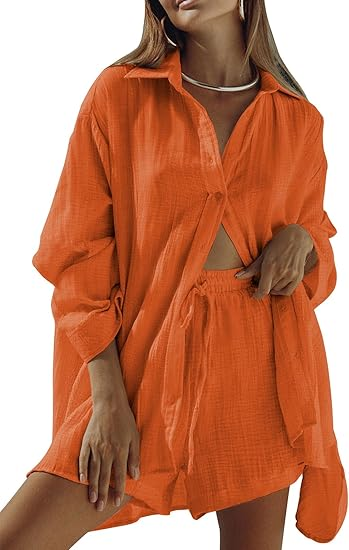 Women 2 Piece Outfits Long Sleeve Button Down Blouse and Shorts Sweatsuit Sets