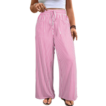 🔥 Limited-Time Sale ✨ Women’s Plus Size Wide Leg Pants | High Waist Striped Palazzo Trousers with Pockets 🌸