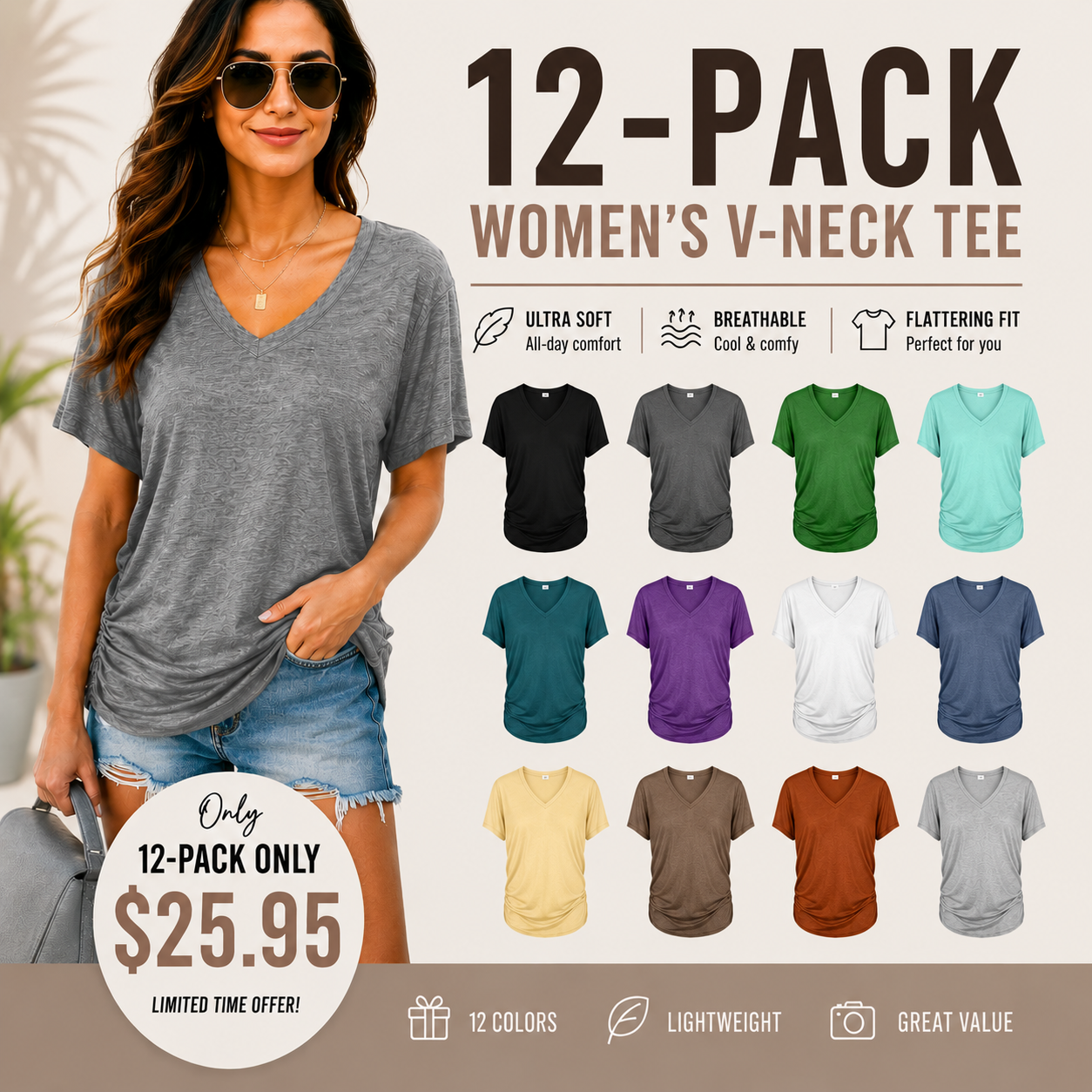 ✨ Women's Casual V-Neck Dolman Top – Short Sleeve Loose Fit Shirt with Side Shirring
