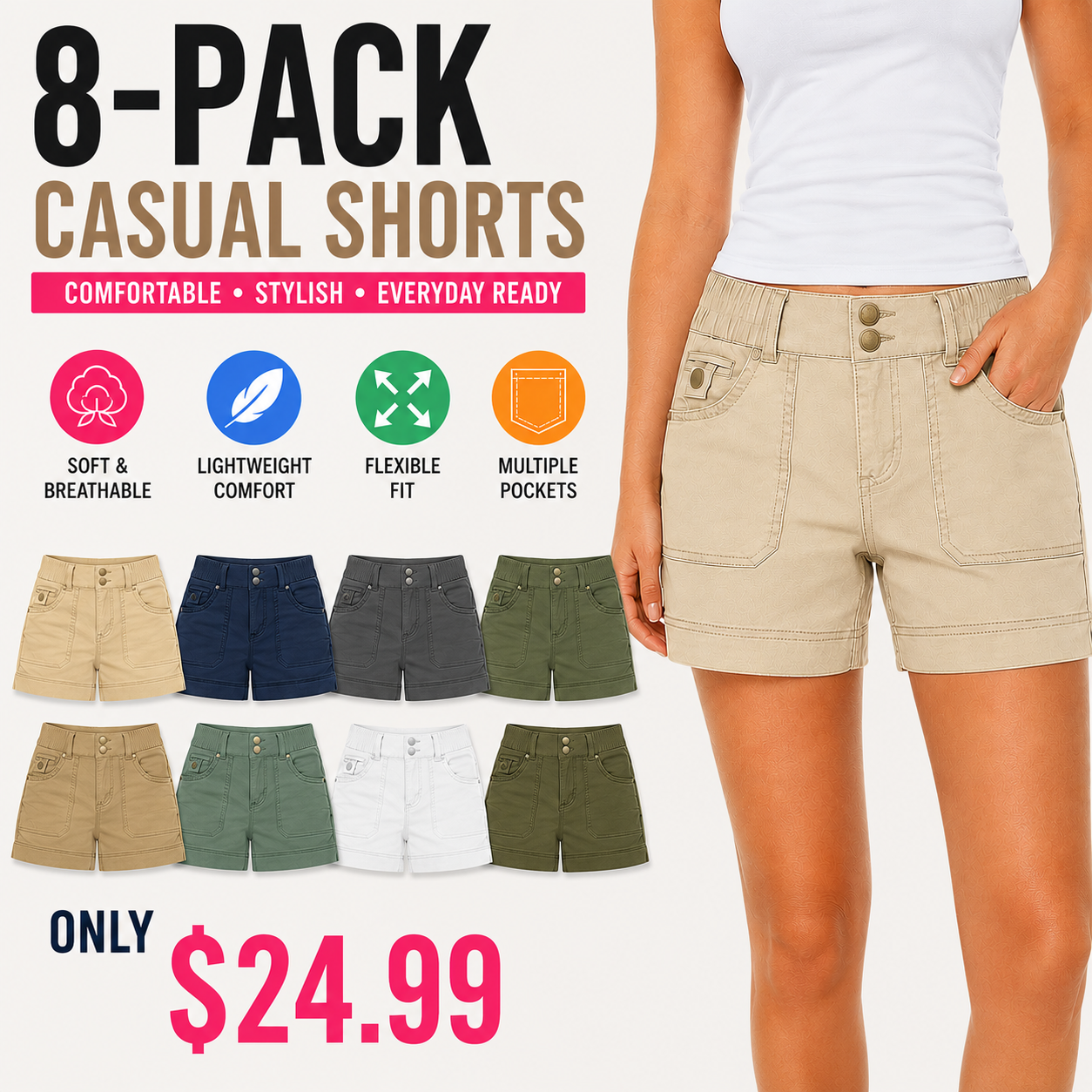 ✨ Women's Mid Waist Casual Shorts with Side Split & Flap Pockets