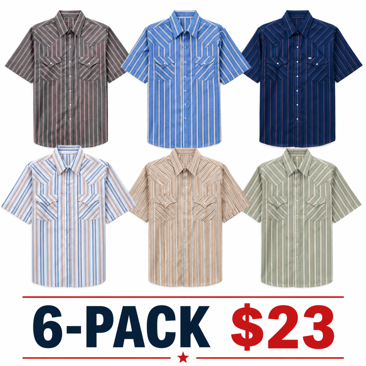 Men's Western Stripe Snap Shirt with Pocket - Short Sleeve Casual Cowboy Shirt