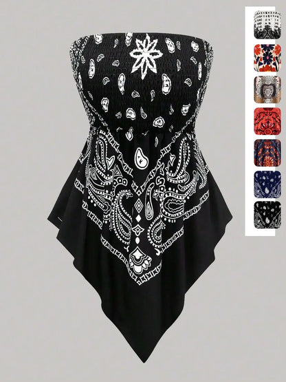 Women's Ethnic Print Strapless Top, Bohemian Style Asymmetrical Hem Tube Top