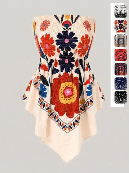 Women's Ethnic Print Strapless Top, Bohemian Style Asymmetrical Hem Tube Top