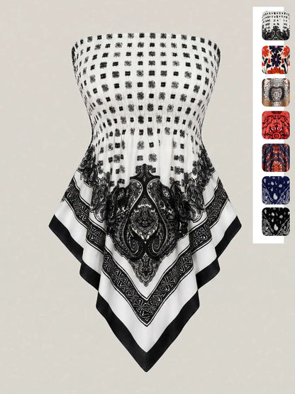 Women's Ethnic Print Strapless Top, Bohemian Style Asymmetrical Hem Tube Top