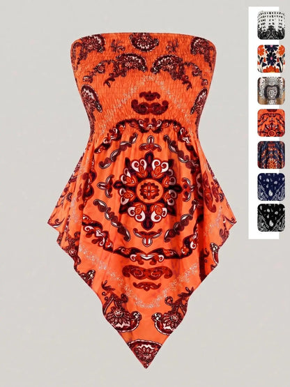 Women's Ethnic Print Strapless Top, Bohemian Style Asymmetrical Hem Tube Top