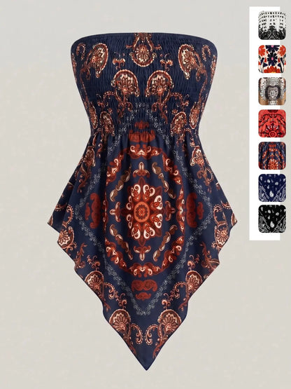 Women's Ethnic Print Strapless Top, Bohemian Style Asymmetrical Hem Tube Top