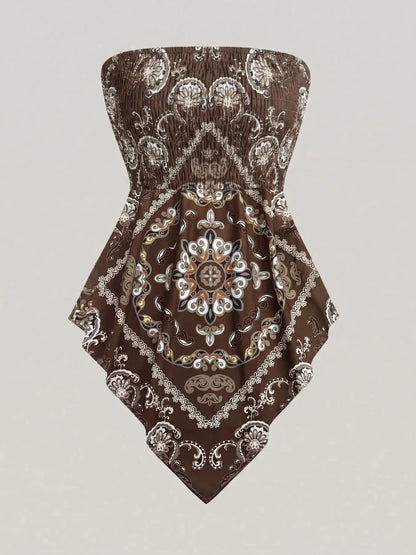 Women's Ethnic Print Strapless Top, Bohemian Style Asymmetrical Hem Tube Top
