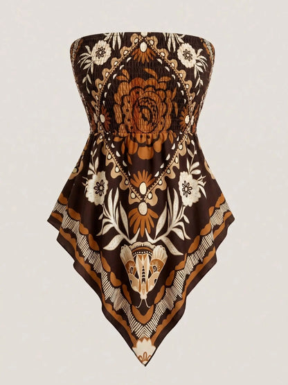 Women's Ethnic Print Strapless Top, Bohemian Style Asymmetrical Hem Tube Top