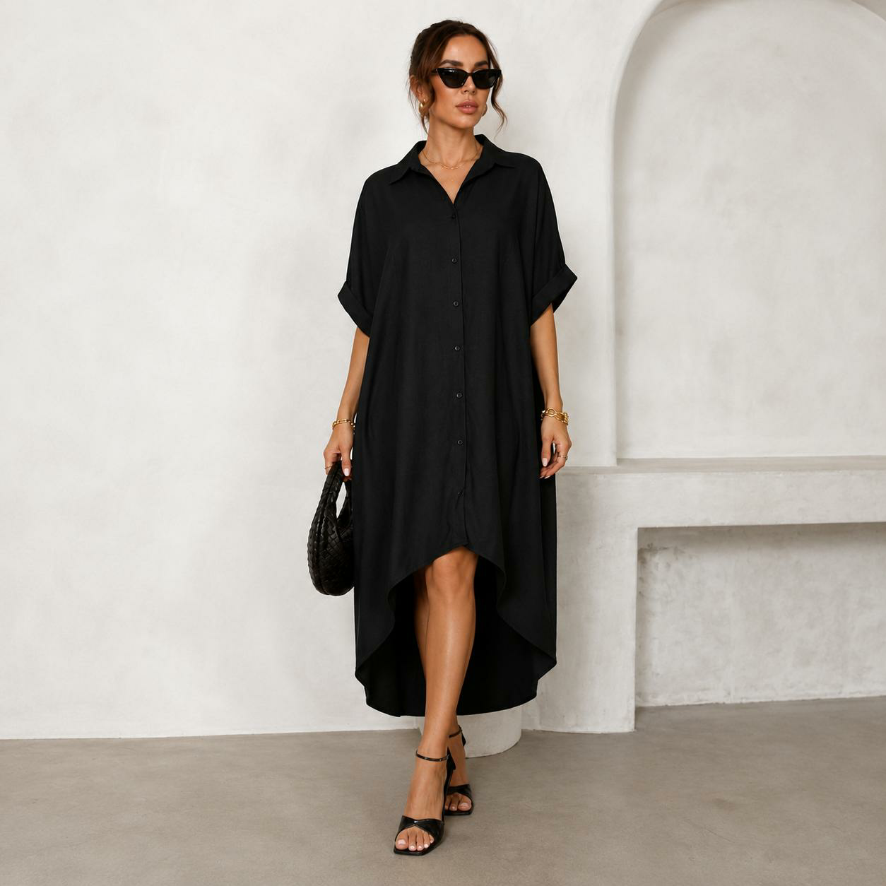 🖤 Women’s Sexy Black Button-Down Shirt Dress – Short-Sleeve Midi Dress with Curved Split Hem, Loose Flowy A-Line Summer Streetwear ✨