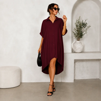 🖤 Women’s Sexy Black Button-Down Shirt Dress – Short-Sleeve Midi Dress with Curved Split Hem, Loose Flowy A-Line Summer Streetwear ✨