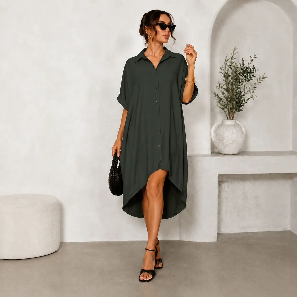 🖤 Women’s Sexy Black Button-Down Shirt Dress – Short-Sleeve Midi Dress with Curved Split Hem, Loose Flowy A-Line Summer Streetwear ✨