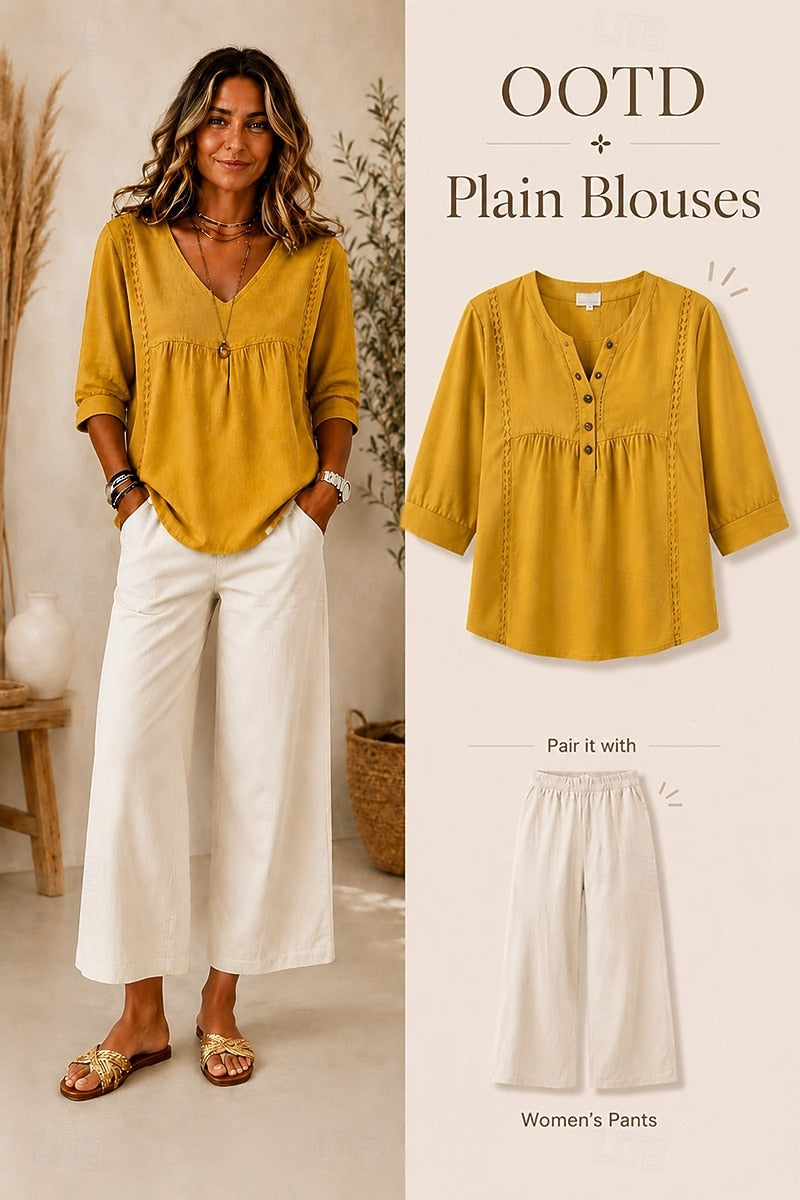 【LAST DAY SALE】Women's Loose-Fit V-Neck Lace Blouse, 3/4-Length Puff Sleeves