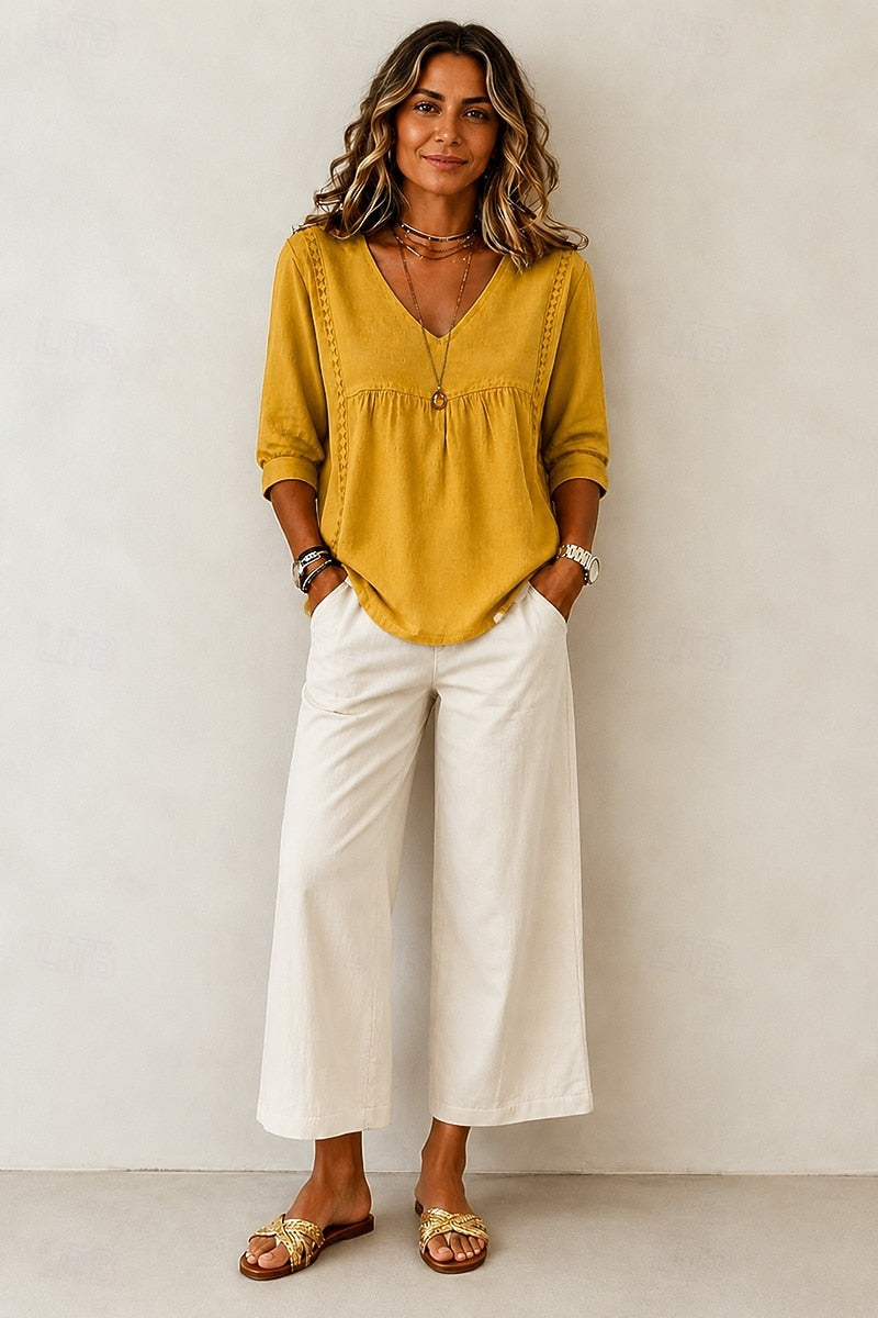 【LAST DAY SALE】Women's Loose-Fit V-Neck Lace Blouse, 3/4-Length Puff Sleeves